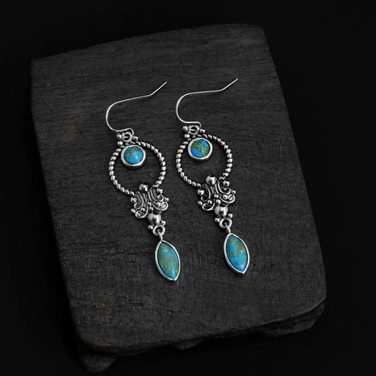 Buddha Stones 925 Sterling Silver Vintage Turquoise Waterdrop Pattern Balance Drop Dangle Earrings