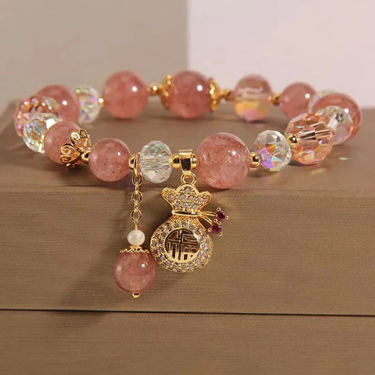 Buddha Stones Natural Strawberry Quartz Crystal Money Bag Charm Positive Bracelet