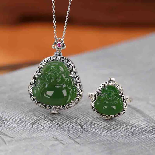 Buddha Stones 925 Sterling Silver Natural Hetian Cyan Jade Laugh