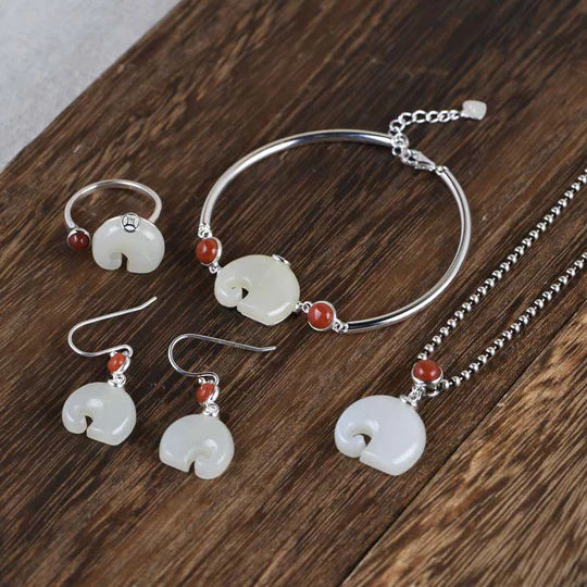 Buddha Stones 925 Sterling Silver Elephant Hetian Jade Abundance Necklace Pendant Bracelet Ring Earrings Set