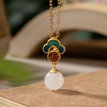 Buddha Stones 925 Sterling Silver Plated Gold Natural Hetian White Jade Auspicious Clouds Luck Necklace Pendant Ring Earrings Se