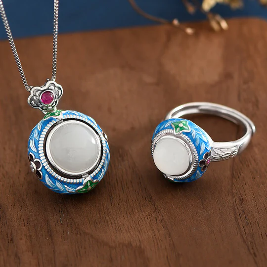 Buddha Stones 925 Sterling Silver Blue Enamel Round Hetian Jade Luck Necklace Pendant Ring Set