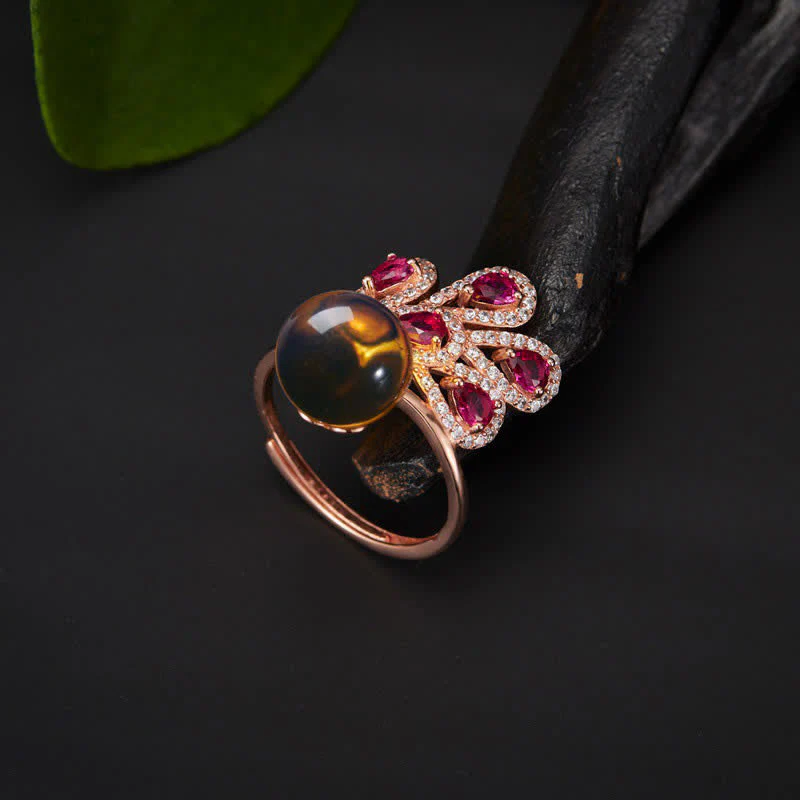 Buddha Stones Peacock Amber Fortune Love Necklace Pendant Ring