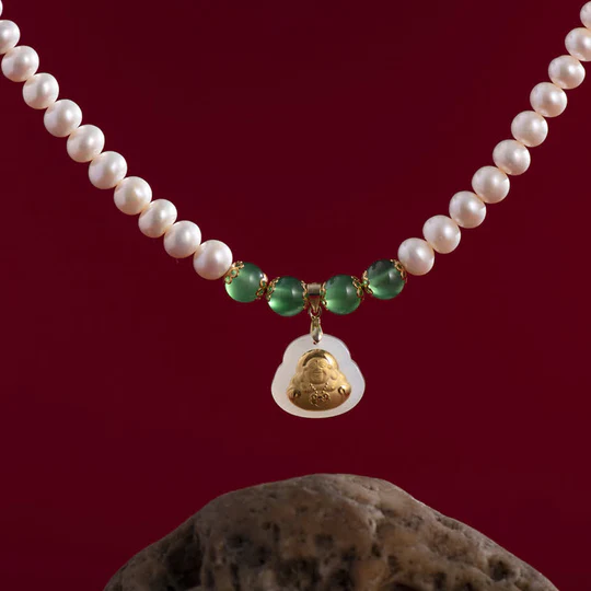 Buddha Stones 999 Gold Laughing Buddha Hetian White Jade Pearl B