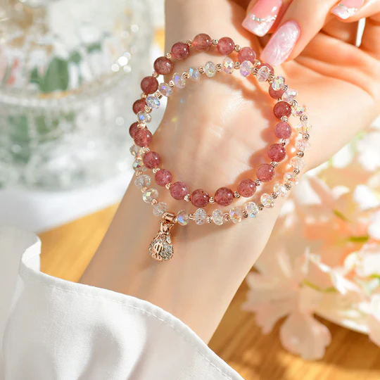 Buddha Stones Strawberry Quartz White Crystal Money Bag Charm Positive Bracelet