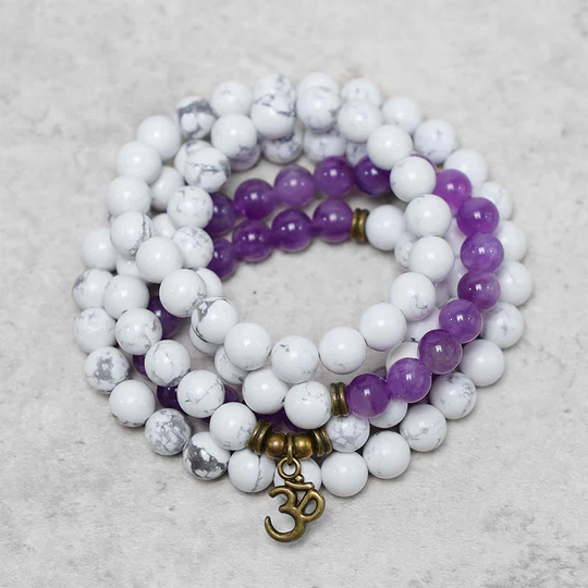 Buddha Stones 108 Mala Beads Amethyst White Turquoise OM Healing Meditation Energy Bracelet