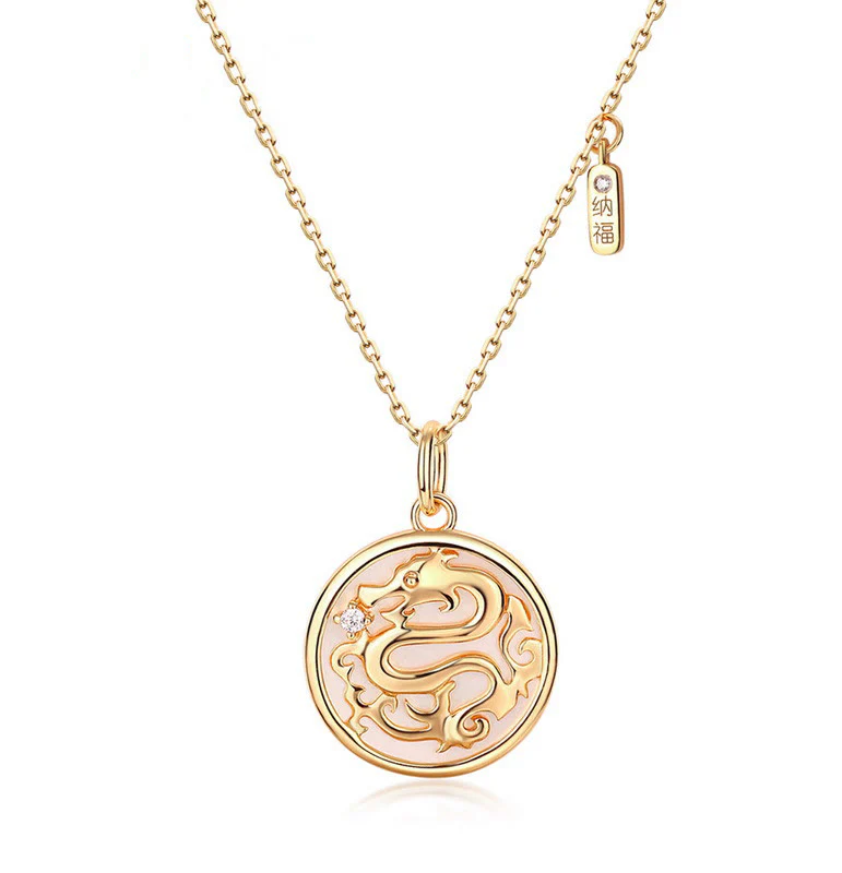 Buddha Stones 925 Sterling Silver Tridacna Stone Year of the Dragon Fu Character Luck Strength Necklace Pendant