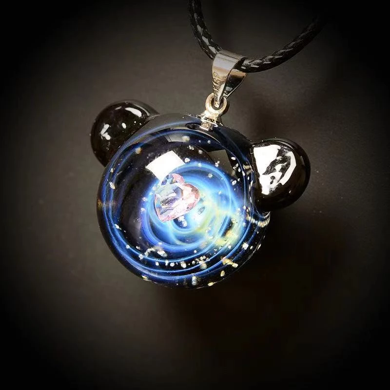 BOEYCJR New Bear Shape Universe Glass Bead Planets Pendant Necklace Galaxy Rope Chain Solar System Design Necklace for Women