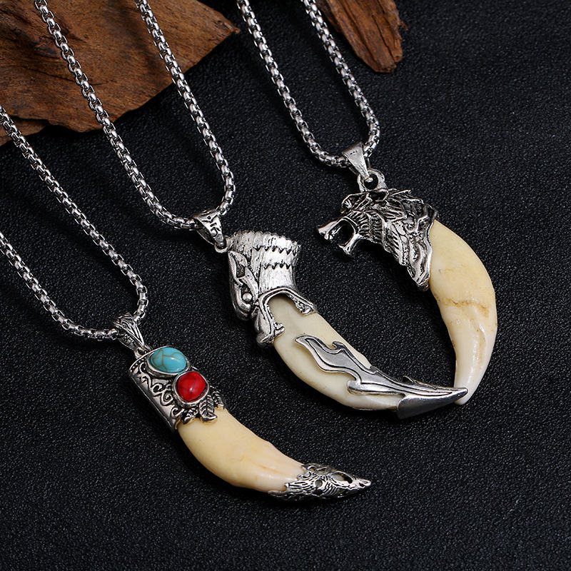 Buddha Stones Imitation Wolf Tooth Titanium Steel Balance Necklace Pendant