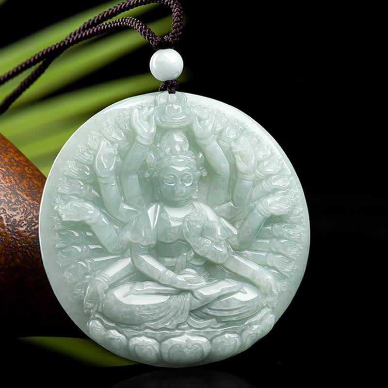 Buddha Stones Thousand-Hand Kwan Yin Avalokitesvara Jade Blessing String Necklace Pendant