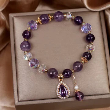 Buddha Stones Natural Amethyst Zircon Love Heart Healing Soul Charm Bracelet