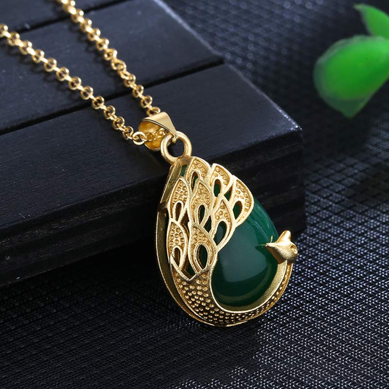 Buddha Stones Pink Crystal Green Chalcedony Peacock Copper Soothing Love Necklace Pendant
