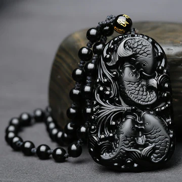 Buddha Stones Black Obsidian Koi Fish Engraved Strength Beaded N