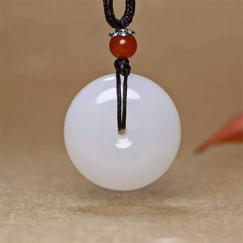 Buddha Stones Round Hetian White Jade Peace Buckle Blessing Necklace Pendant