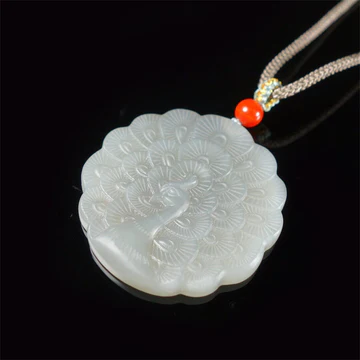 Buddha Stones White Jade Peacock Protection Blessing Necklace Pendant
