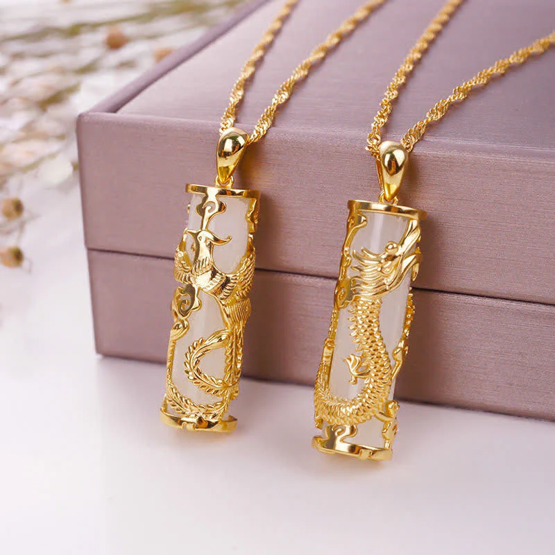 Buddha Stones Jade Dragon Phoenix Copper Blessing Harmony Neckla