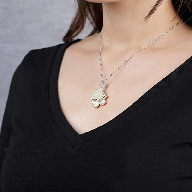 Buddha Stones White Jade Lotus Flower Happiness Necklace