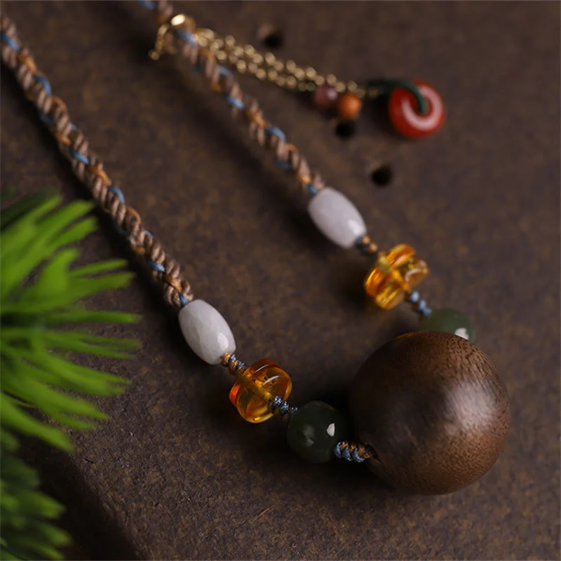 Buddha Stones Bai Qinan Agarwood Bead Luck Strength String Necklace Pendant