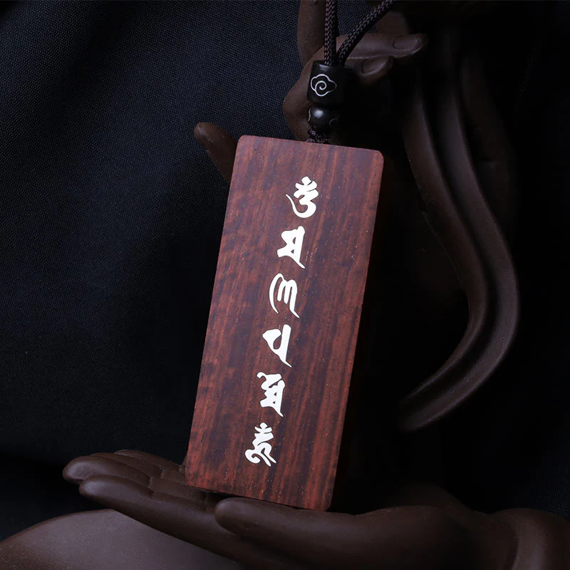 Buddha Stones 999 Sterling Silver Small Leaf Red Sandalwood Ebony Wood Om Mani Padme Hum Inlaid Protection Necklace