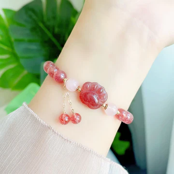 Buddha Stones Natural Strawberry Quartz Pink Crystal Lucky Cat Paw Love Bracelet