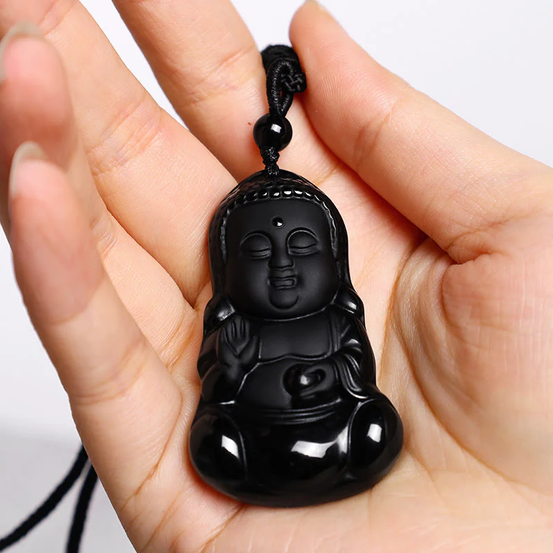 Buddha Stones Natural Black Obsidian Crystal Buddha Strength Pro