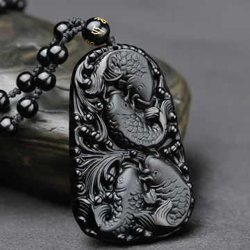 Buddha Stones Black Obsidian Koi Fish Engraved Strength Beaded N