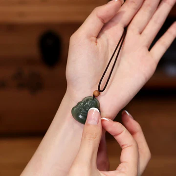 Buddha Stones Laughing Buddha Hetian Jade Healing Calm Necklace