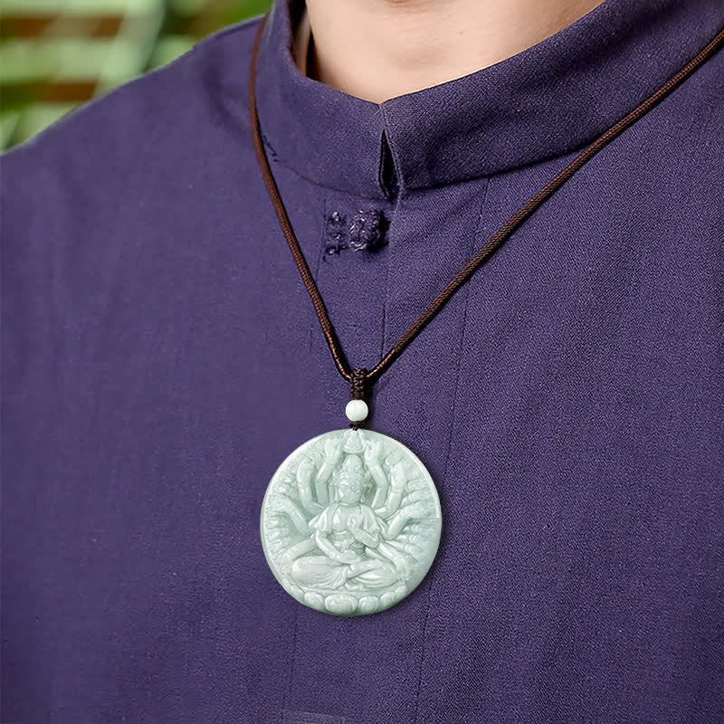 Buddha Stones Thousand-Hand Kwan Yin Avalokitesvara Jade Blessing String Necklace Pendant