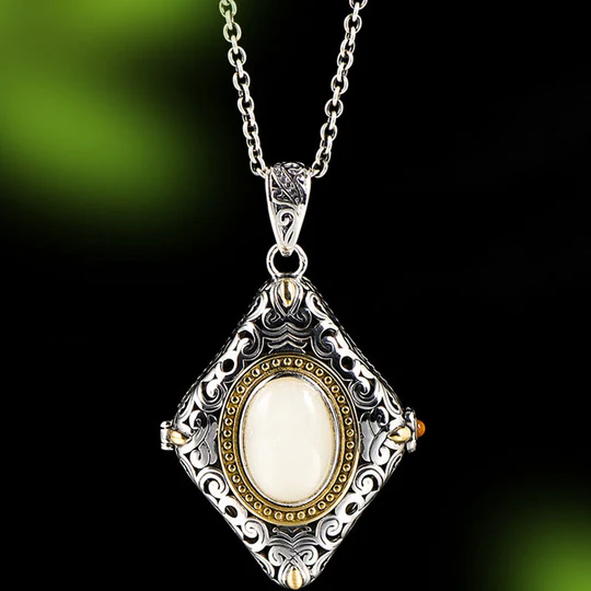 Buddha Stones 925 Sterling Silver Rhombus Design Hetian Jade Luck Necklace Pendant Ring Set