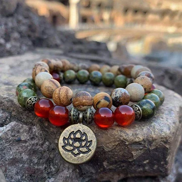 Tibetan Picture Jasper Positive Lotus Bracelet Set