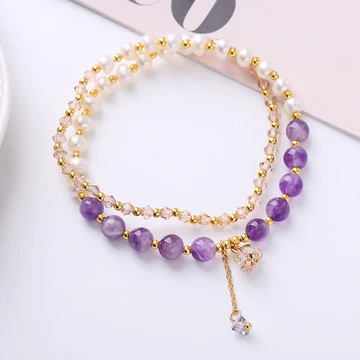 Buddha Stones Natural Amethyst Aquamarine Strawberry Quartz Pearl Peace Healing Double Wrap Bracelet