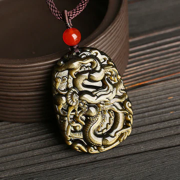 Buddha Stones Gold Sheen Obsidian Dragon Pattern Success Necklac
