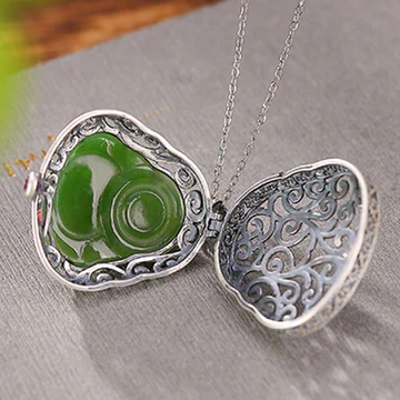 Buddha Stones 925 Sterling Silver Natural Hetian Cyan Jade Laugh