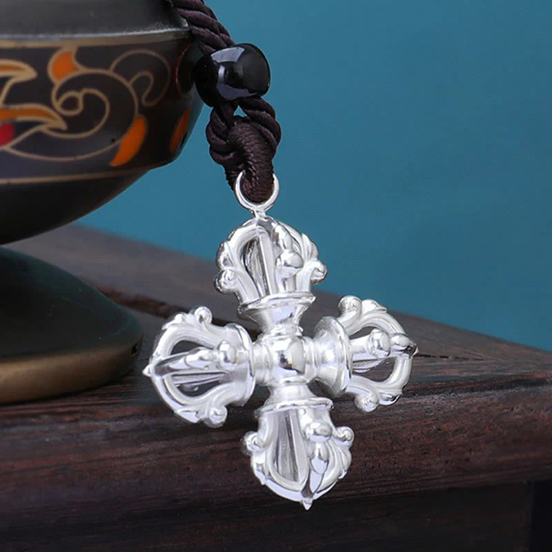 Buddha Stones 999 Sterling Silver Double Dorje Vajra Spiritual Power Strength Necklace Pendant
