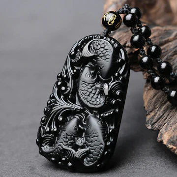 Buddha Stones Black Obsidian Koi Fish Engraved Strength Beaded N