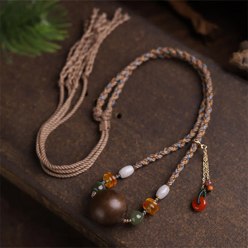 Buddha Stones Bai Qinan Agarwood Bead Luck Strength String Necklace Pendant