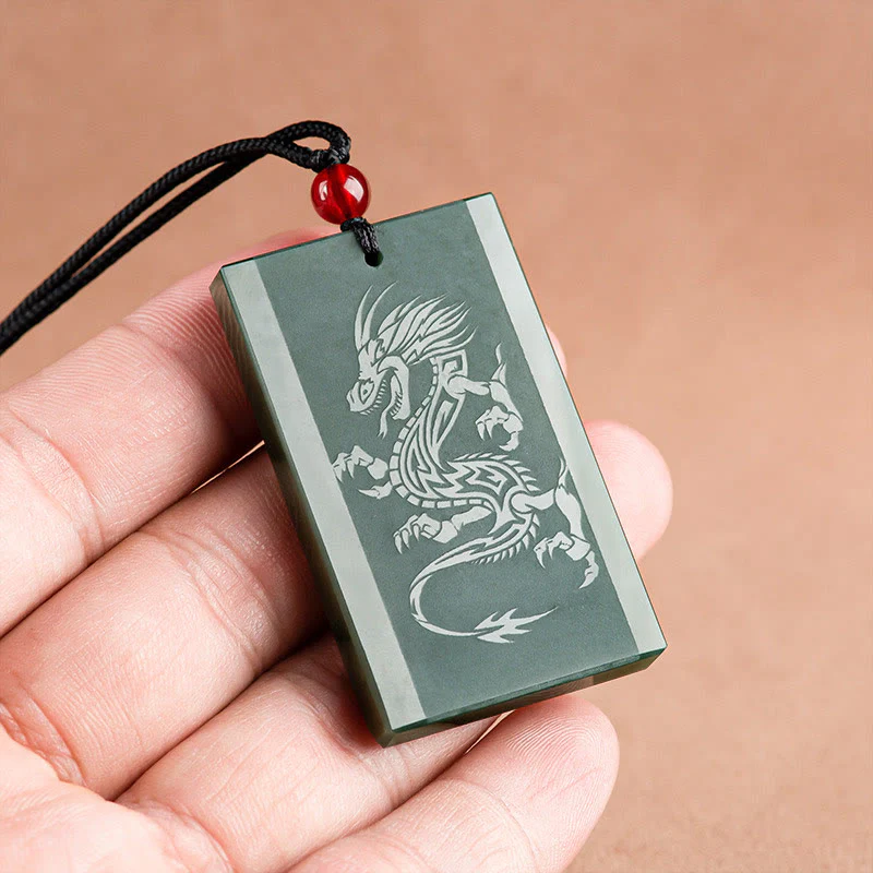 Buddha Stones Hetian Cyan Jade Dragon Engraved Success Necklace Pendant