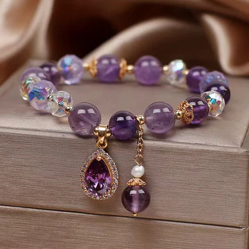 Buddha Stones Natural Amethyst Zircon Love Heart Healing Soul Charm Bracelet