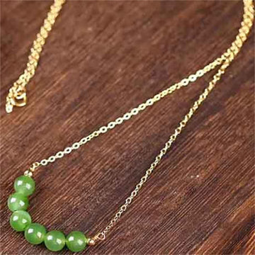 Buddha Stones 14k Gold Plated Hetian Cyan Jade Beaded Luck Neckl