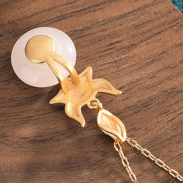 Buddha Stones White Jade Fox Copper Coin Protection Luck Necklac