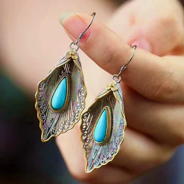 Buddha Stones 925 Sterling Silver Turquoise Bodhi Leaf Pattern Protection Drop Dangle Earrings