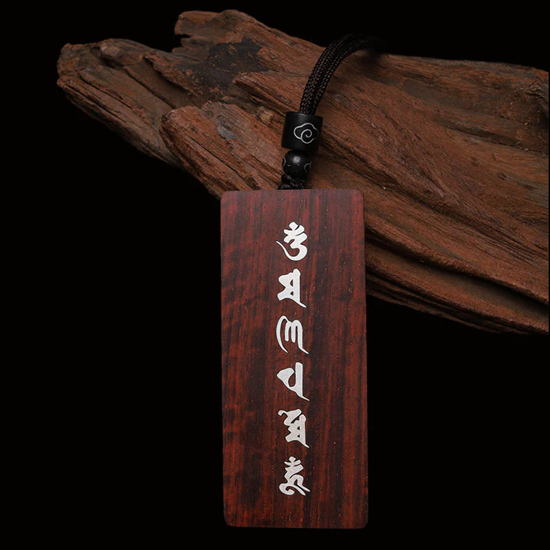 Buddha Stones 999 Sterling Silver Small Leaf Red Sandalwood Ebony Wood Om Mani Padme Hum Inlaid Protection Necklace