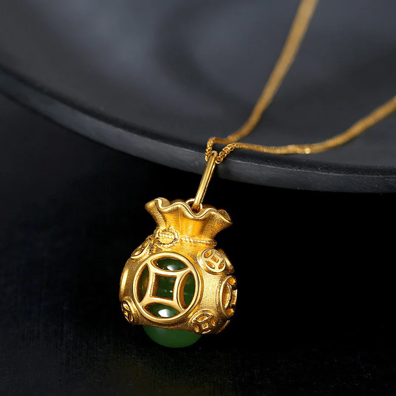 Buddha Stones Auspicious Feng Shui Money Bag Jade Pendant Neckla