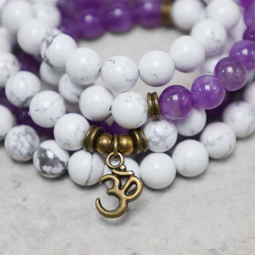 Buddha Stones 108 Mala Beads Amethyst White Turquoise OM Healing Meditation Energy Bracelet