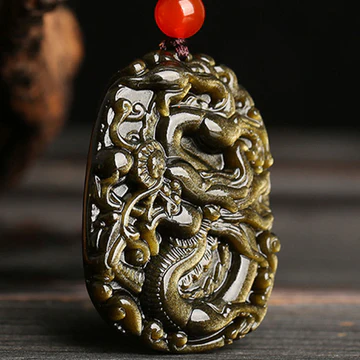Buddha Stones Gold Sheen Obsidian Dragon Pattern Success Necklac