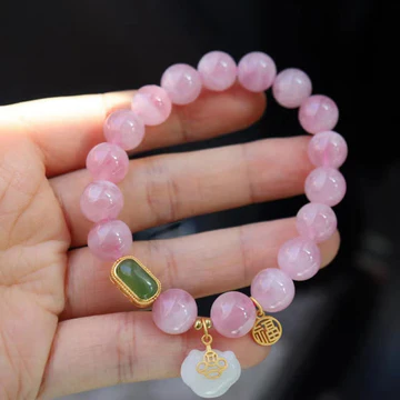 Buddha Stones 925 Sterling Silver Natural Madagascar Rose Quartz Hetian Jade Wish Lock Peace Bracelet