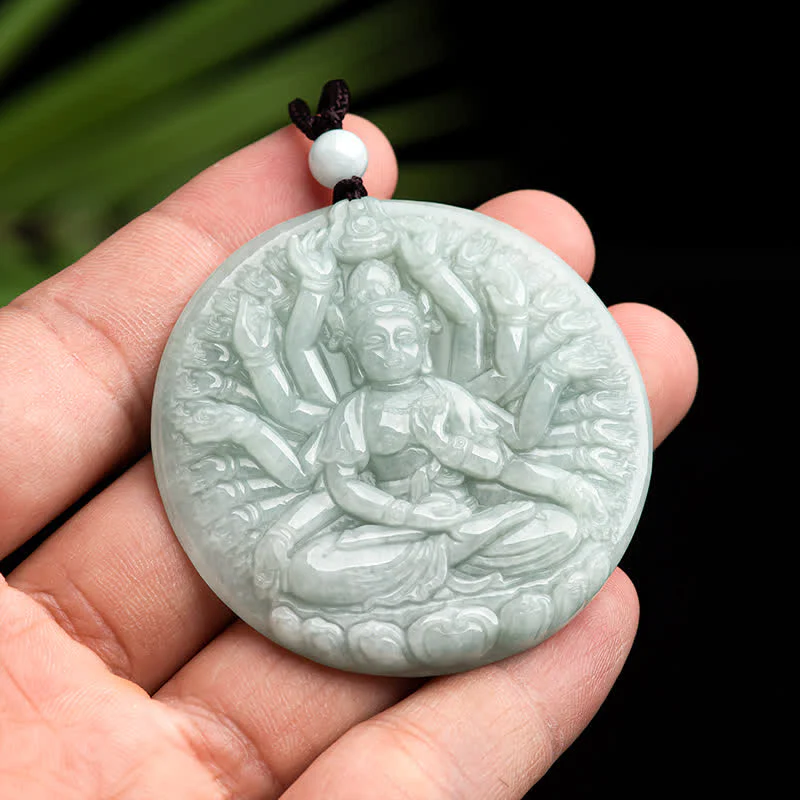 Buddha Stones Thousand-Hand Kwan Yin Avalokitesvara Jade Blessing String Necklace Pendant