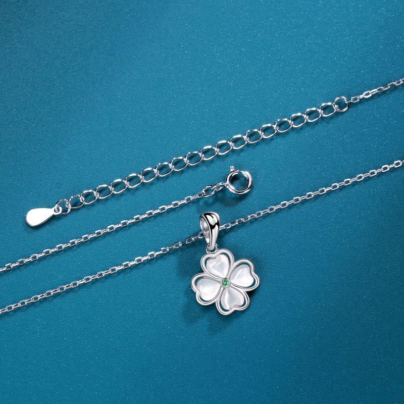 Buddha Stones 925 Sterling Silver Four Leaf Clover Chrysoberyl Cat Eye Love Necklace Pendant