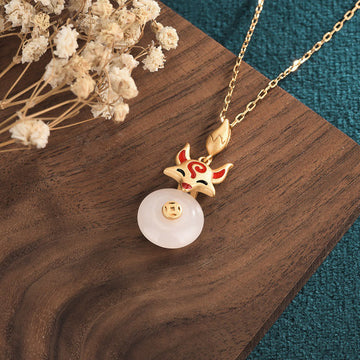 Buddha Stones White Jade Fox Copper Coin Protection Luck Necklac