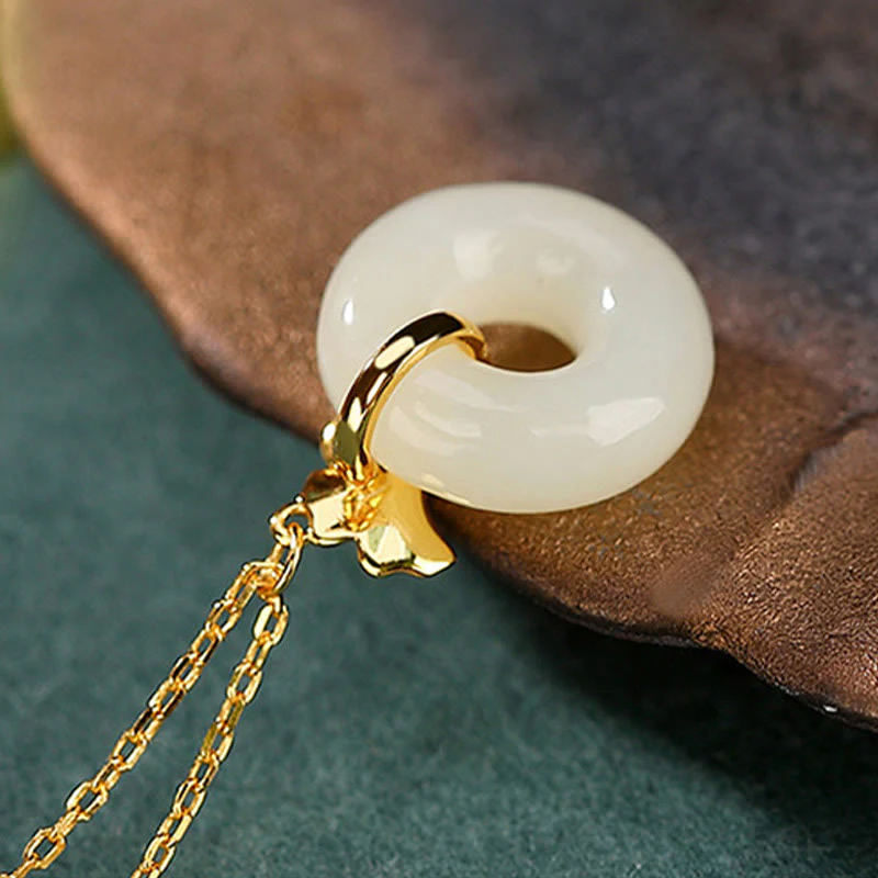 Buddha Stones 925 Sterling Silver Natural Hetian Jade Ginkgo Lea